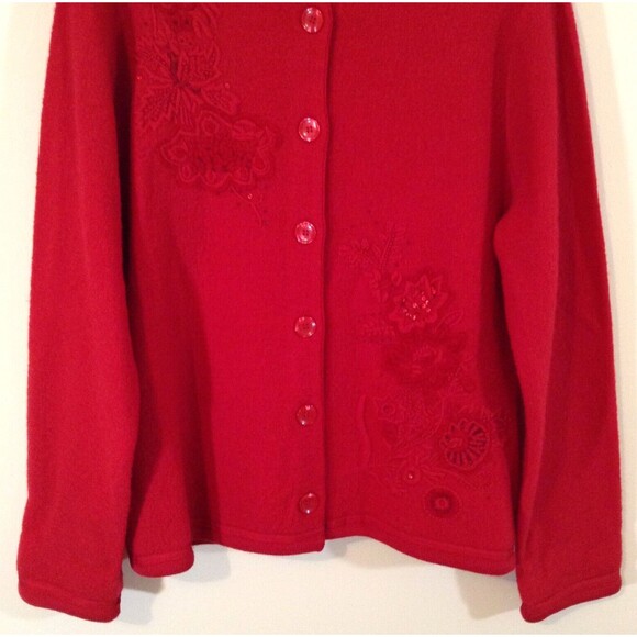 Vtg Cardigan Sweater Wmn M Red 100% Wool Floral Embroidered Grandma Cottage Y2K - Picture 5 of 12